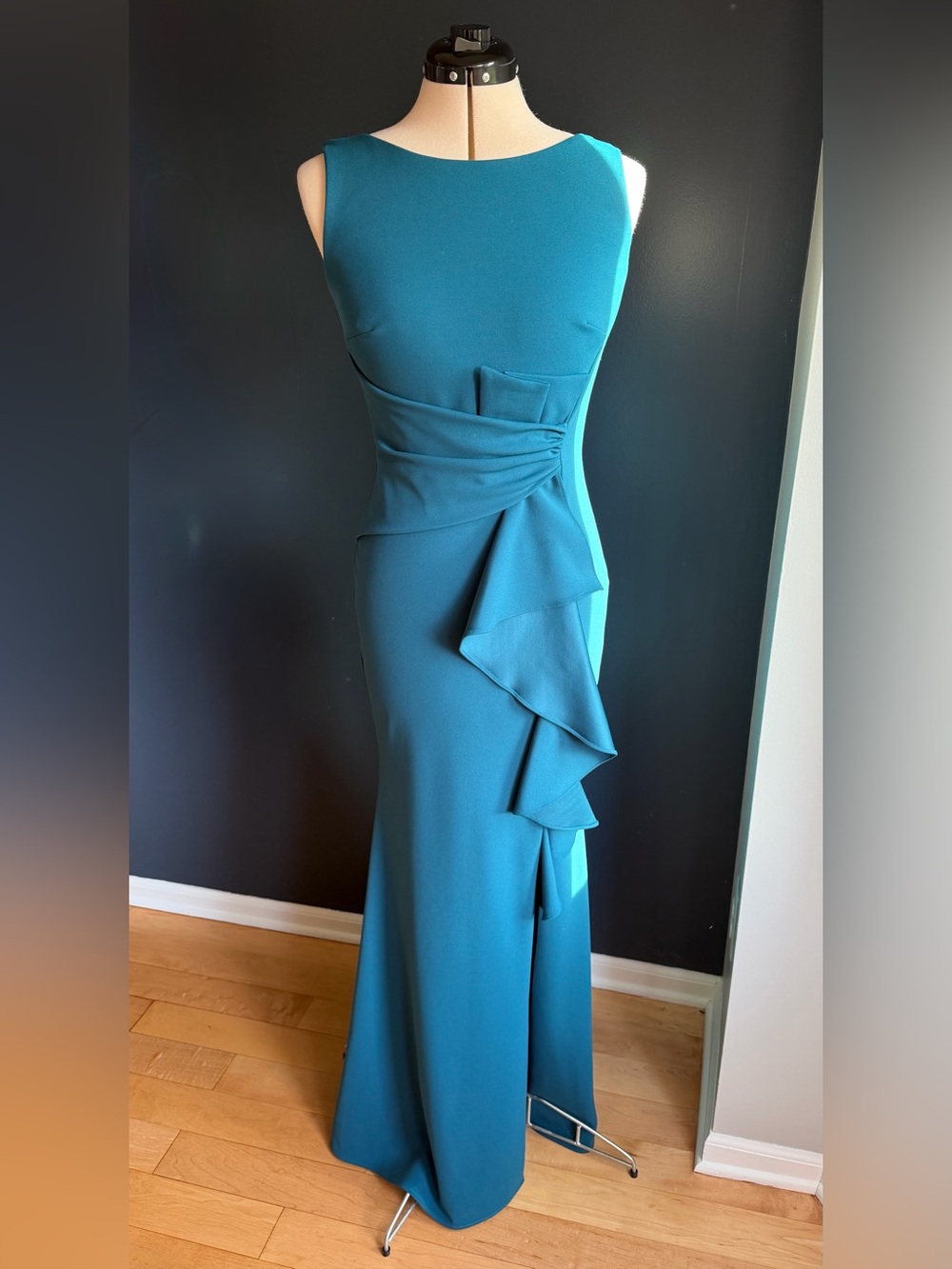 Betsy & Adam Christine Scuba Crepe Ruffled Bow Gown With a Matching Chiffon Wrap